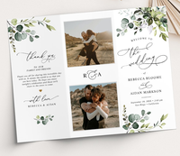 Tarjeta de programa de boda de tres pliegues florales personalizada, tarjeta plegada con línea de tiempo, invitación de boda, impresión colorida