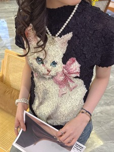 PY 2026 Sweet Elegant Style Pleated Mock Neck Cat Print <b>Top</b> Western Clothing Women Bulk Wholesale Online - Product Image 2