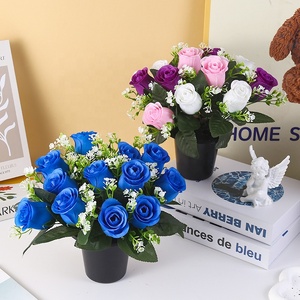 Flores Artificiales de Plástico, 12 <span class=keywords><strong>Rosas</strong></span>, Juego de Plantas en Maceta con <span class=keywords><strong>Rosas</strong></span> <span class=keywords><strong>Rojas</strong></span> para Cementerio, Memorial o Aniversario - Product Image 4