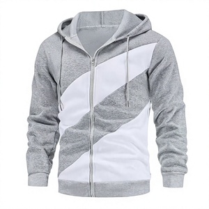 <b>Men's</b> Gray <b>White</b> Hooded Zipper Fleece Racer <b>Jacket</b> Breathable Smart Casual Winter Wear Slim Fit Regular Length Polyester Cotton - Product Image 1