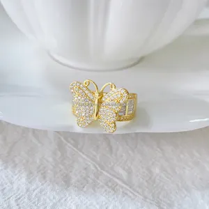 Elegant Claw Setting Pure Silver Jewelry Ring With Zircon Butterfly Gold Plated Perfect Gift For Wedding