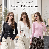Cardigan côtelé classique pour femme VEGA CHANG, col en V cranté, fermeture boutonnée intégrale, coupe ajustée, rayures verticales, matière douce et agréable pour la peau