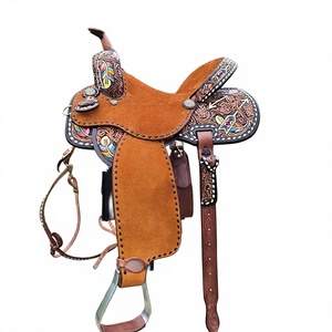 Silla de montar western de cuero pintado con diseño de plumas y flechas para carreras de barriles, portátil, duradera, tamaños personalizados, logotipo personalizado - Product Image 1