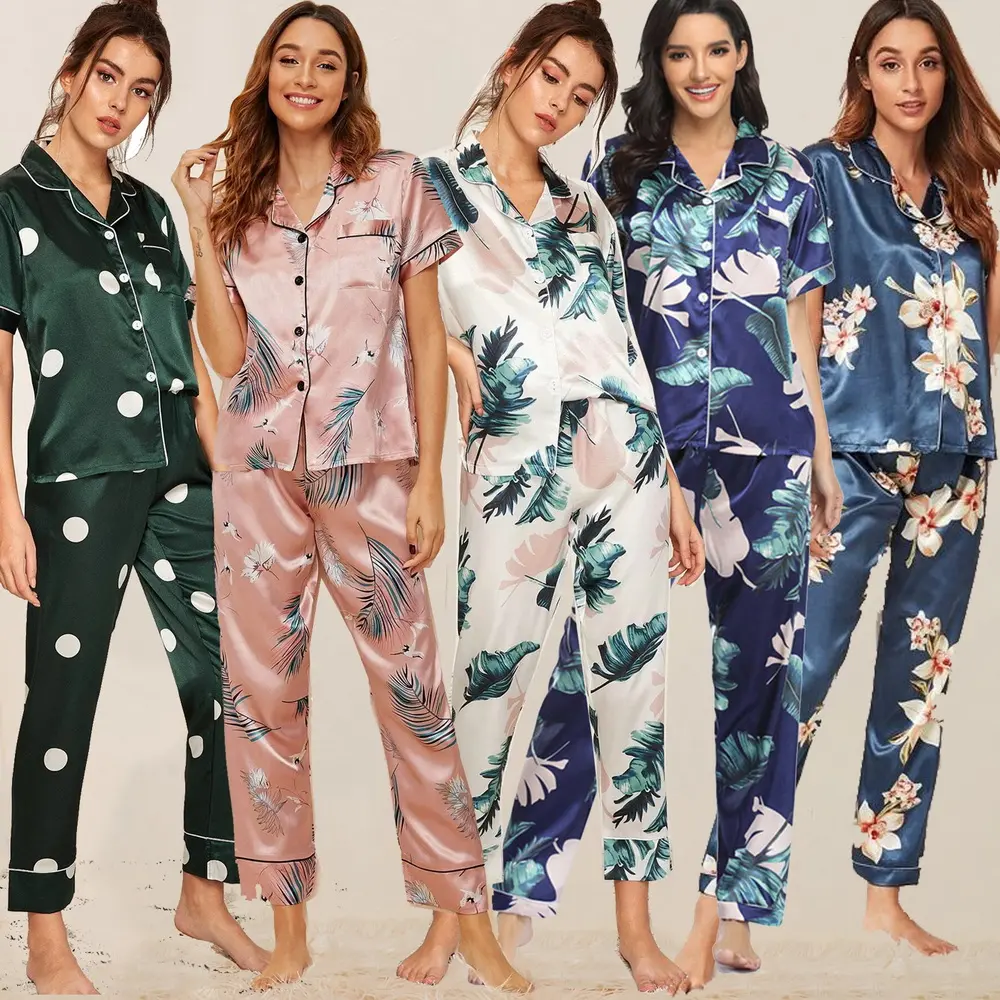 Fashion print silk pyjamas women luxury 2 pc comfortable short sleeve lounge home wear sleepwear pajamas