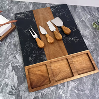 Planche à charcuterie LOMATO en marbre et bois d'acacia, nouveau design, avec 3 bols en céramique et un ensemble de couteaux en bambou - Durable et écologique