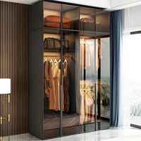 Meubles de chambre à coucher modernes sur mesure, armoire de rangement en aluminium, porte en verre noir, placard avec éclairage LED à capteur