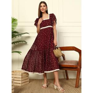 Floral Print Woven Georgette Tiered Casual <b>Dress</b> for Women's Square Neck Frilled Sleeves Fit & Flared Ankle Length Pockets - Product Image 1