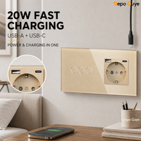 Interrupteur tactile 4 voies avec 2 ports USB Type-C, panneau en verre étanche, prise murale pour usage industriel et domestique