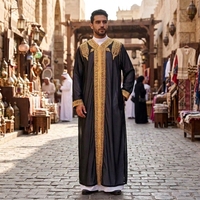 Nouvelle Tunique Musulmane Casual pour Hommes, Col Brodé, Manches Longues, Sans Couture, Respirante, Séchage Rapide, Légère, Robe Arabe Traditionnelle