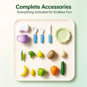 Juego de Cocina de Juguete con Fregadero Eléctrico y Grifo Real, Verduras, Frutas y Vajilla para Niños, Regalo Educativo - Product Image 6
