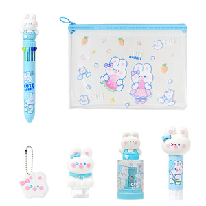 Ensemble de papeterie bleu lapin de 6 pièces, <span class=keywords><strong>fournitures</strong></span> <span class=keywords><strong>scolaires</strong></span> à thème lapin mignon pour filles, gommes, crayons, blocs-notes, cadeaux de Pâques personnalisables - Product Image 1