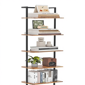 מדף סולם מודרני בן 5 קומות, מתכת, עץ, גבוה, פתוח, לתצוגה, לקיר, לבית, למשרד, לחדר שינה, לסלון, לעיצוב הבית - Product Image 3