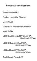 Chargeur de voiture rétractable SUNDA 84W 1A2C, résistant au feu, PD QC3.0, charge rapide, OCP, compatible avec les téléphones portables et les écouteurs, allume-cigare