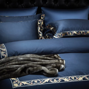 ODM/OEM Sang Trọng Thêu Gối Trường Hợp Satin 100S Cotton Màu Xanh Hải Quân Chăn Bông Chăn Comforter Bìa Home Dệt Tấm Ga Giường Bộ Đồ Giường Bộ - Product Image 2