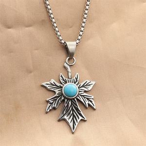 yunnique Stainless Steel Turquoise Pendant Necklace Men's Plant Shape Retro Geometric Design Bezel Setting Fashion Jewelry - Product Image 1