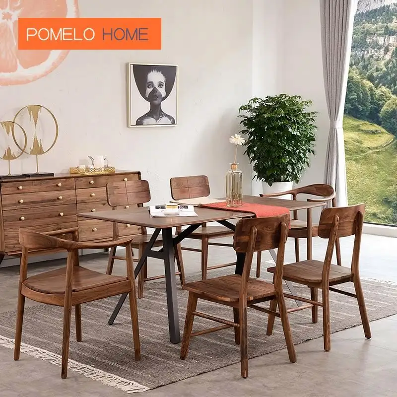 Pomelohome siyah ceviz masa ve sandalye 6 kişilik paket gömme ve tenon yapı son derece ince zanaat el yapımı fabrika outlet