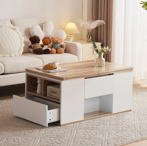 <span class=keywords><strong>Table</strong></span> <span class=keywords><strong>basse</strong></span> en bois blanc multifonctionnelle <span class=keywords><strong>relevable</strong></span> avec 2 tables, <span class=keywords><strong>design</strong></span> bicolore, <span class=keywords><strong>table</strong></span> de rangement pour salon, <span class=keywords><strong>table</strong></span> centrale - Product Image 6