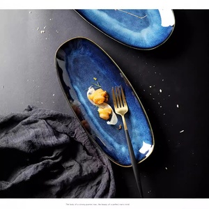 Plato Ovalado de Cerámica Texturizada Azul y Negra, Platos de Porcelana Esmaltados a Mano para Servicio de Restaurante y Fotografía de Alimentos - Product Image 4