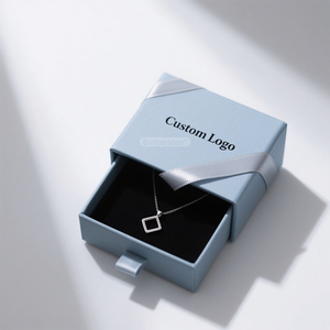 Luxury Custom Brand Blue Paper Necklace Jewelry Drawer <b>Box</b> with <b>Black</b> Lining and Ribbon Handmade Packaging - Product Image 3