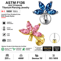 Piercing labret à tige plate sans filetage en titane G23 ASTM F136 avec zircone cubique, motif feuille, pour femme