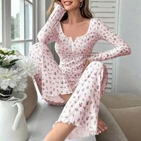 Nouvelle arrivée, vêtements de nuit, pyjama à manches longues avec col en V, imprimé floral, ensemble de pyjama pour femmes
