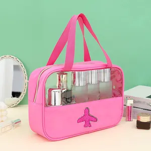 2024 New Product Travel-friendly Waterproof Transparent Pvc Cosmetic Toiletry Bag Chenille Letter Pouch Preppy Patch Makeup Bag