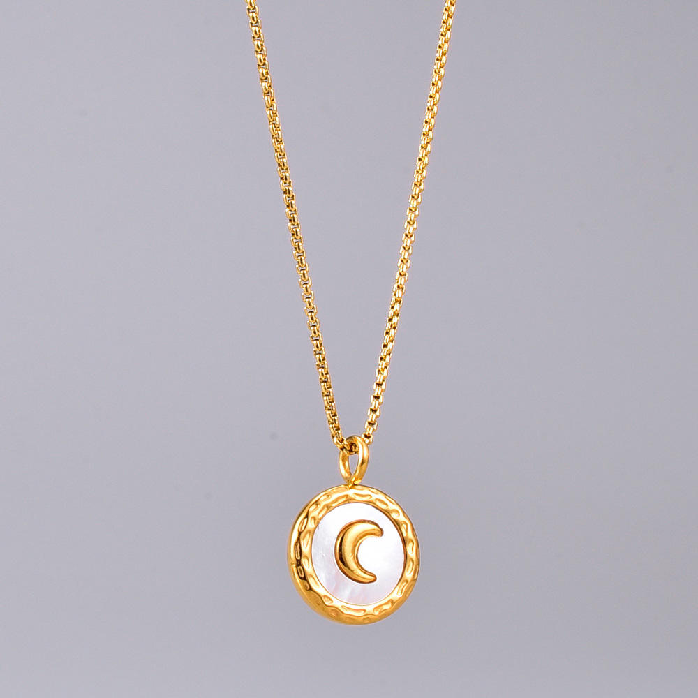 Gold Coin Full New Crescent Moon Necklace - Stainless Steel