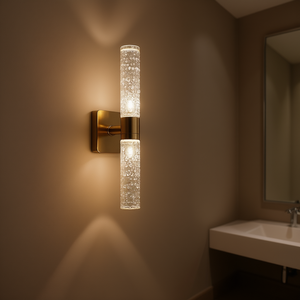 Applique murale contemporaine en fer doré, 17 pouces de hauteur, abat-jour cylindrique en cristal bulle, luminaire LED pour salle de bain et chambre à coucher - Product Image 2