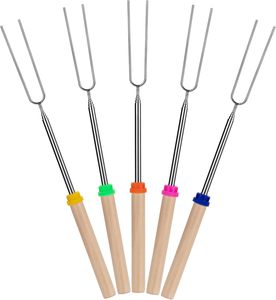 Telescoping Barbecue Fork Stainless Steel Double Metal Skewers Roasting Stick Smores Skewer for Hot Dog <b>BBQ</b> Picnic Camping - Product Image 1