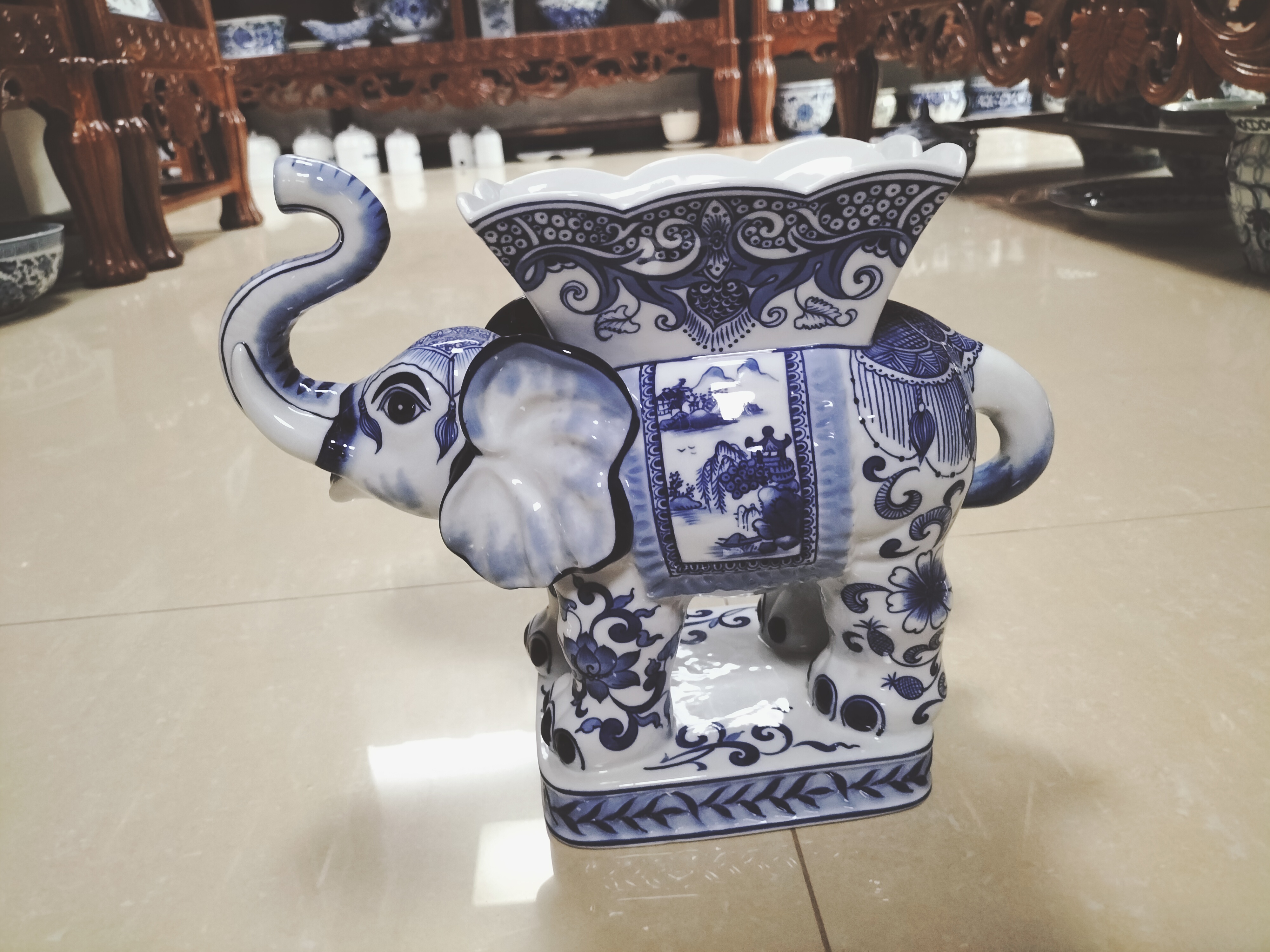 Thailand Blue and White Big Elephant Shape Ceramic Planter