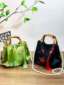 Bolso de Mano de Lujo con Forma de Caña, Dos Correas, Cierre de Cremallera, Tela de Seda Antigua, Bolso Bandolera con Perlas, Estilo Chino Tradicional - Product Image 2