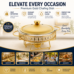 Suministros de Hotel de Alta Calidad, Juego de Recipientes para Buffet de Lujo, Calentador de Alimentos Comercial Redondo de Acero Inoxidable Dorado con Tapa de Vidrio - Product Image 3