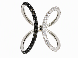 Bague ouverte à double boucle croisée en or 18 carats avec diamants naturels noirs et blancs, bijoux de luxe modernes et contrastés pour femmes, bijoux fins - Product Image 1