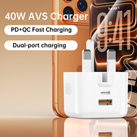 Chargeur rapide GaN 40W Aspor avec prise UK, alimentation adaptative AVS, distribution intelligente de l'énergie, double port USB-C PD Type-C A872