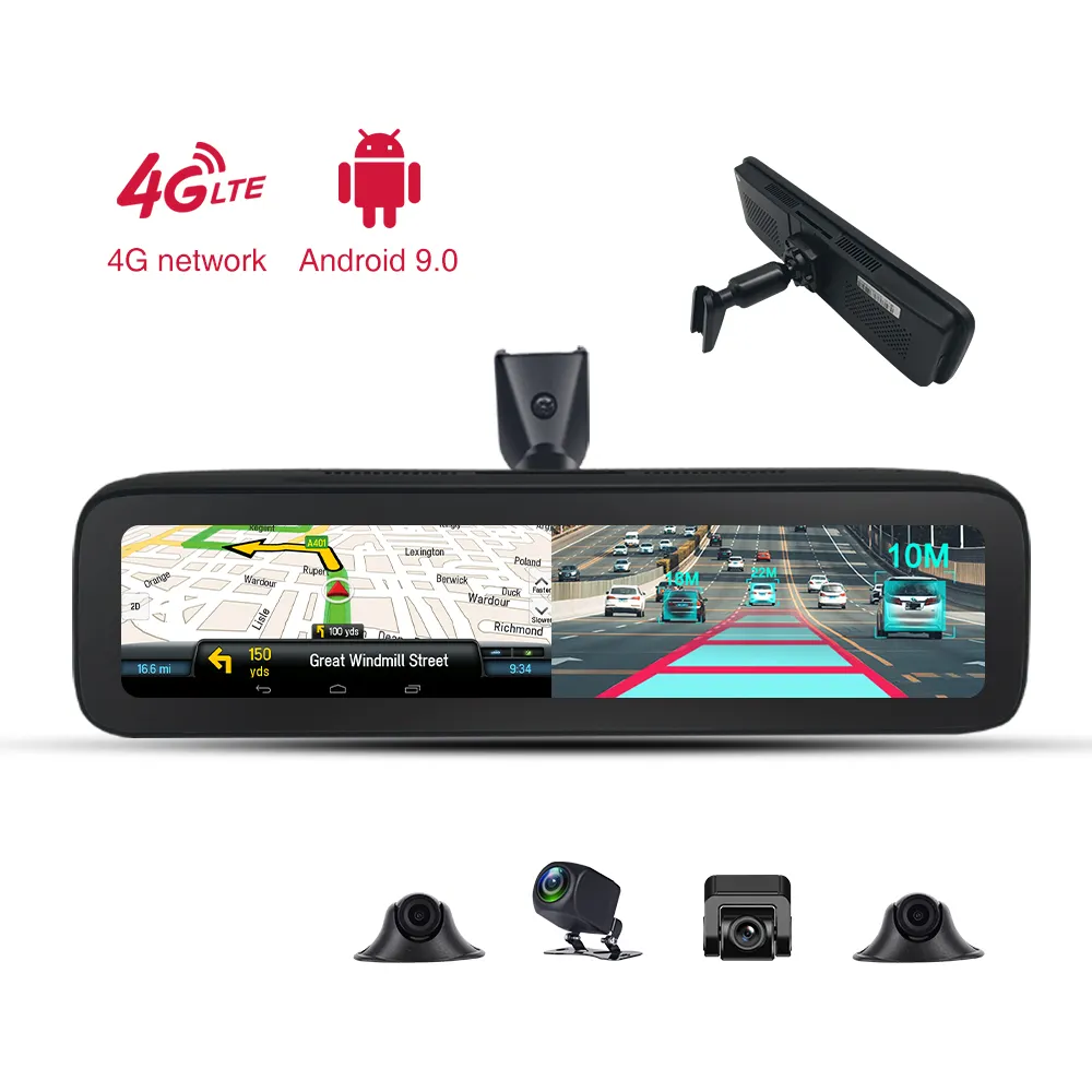 4G Car DVR Android 9.0 4 Channel Dash Cam Record 360 Panaromic Camera Rear View Mirror 4CHs WiFi ADAS GPS Navigation