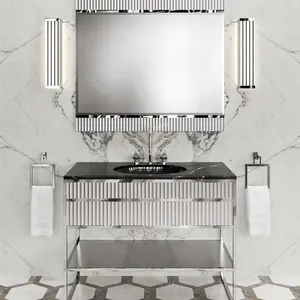 Armoire de salle de bain avec miroir intelligent, couleur argent moderne en acier inoxydable avec évier pouvant être personnalisé