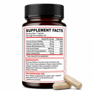 Complément de Fer et de Vitamines pour Adultes - Formule Naturelle Végétalienne Sans Gluten - 30 Capsules - Product Image 4