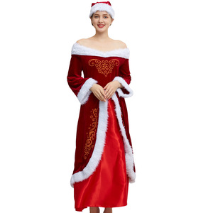 Women's <b>Velvet</b> <b>Off</b> <b>Shoulder</b> Santa <b>Dress</b> with Fur Trim and Hat Christmas Costume - Product Image 5