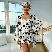 P584 Rosa-Schwarzes Herz-Print Geripptes 4-teiliges Pyjama-Set mit Duschhaube, Camisole, Shorts und Bademantel für Damen