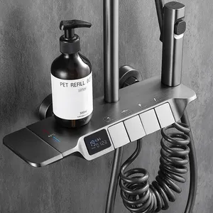 wall mount exposed bathroom digital thermostatic piano key shower set black for bath shower kit showerhead button kaiping