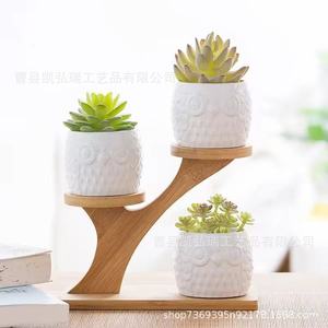 Bamboo double-layer flower <b>stand</b>, desktop bay window bonsai <b>stand</b>, decorative office bookshelf, green plant flower <b>pot</b> <b>stand</b>, - Product Image 1