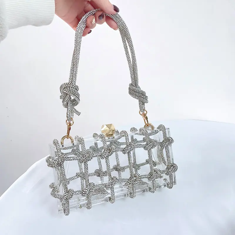 Bolsa de strass acrílico, corda enfeitada de cristal feminina para festa de casamento e ombro