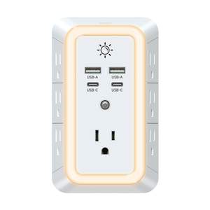 Regleta de Enchufes de Pared para Hospital con 7 Tomas de Corriente, 4 Puertos USB-A y 2 Puertos Tipo-C, Luz Nocturna, Instalación Rápida - Product Image 1