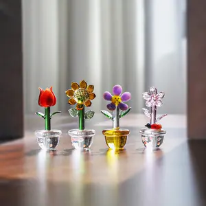 4pcs Cute Mini Crystal Flower Figurines Hand Blown Glass Spring Bouquet Flower Collectible Figurine Glass Cute Figurines