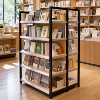 Étagère gondole double face à grain de bois, rayonnage à quatre poteaux réglable sans outil à 5 niveaux pour supermarché et librairie