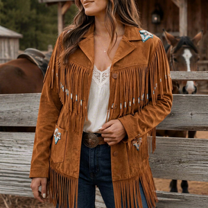 <b>Women</b> Tan Brown genuine Leather Western <b>Jacket</b> with <b>Fringe</b> & Beads - Product Image 1