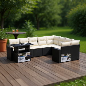 Set Divano Moderno in Rattan per Esterni Nero Crema, Arredamento da Giardino 7 Posti Design Contemporaneo per Terrazzo - Product Image 2