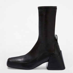 High Quality Metallic Upper Women Thick Heel Zippered Short <b>Boots</b> Square Toe Medium Chunky Heels Shoes Fancy Ankle Booties - Product Image 2