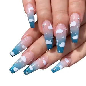 Ongles longs de Ballet avec diamants, faux ongles bleu ciel, colle à presser, imperméable, manucure, 24 pièces