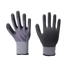 Venta caliente 15G nailon gris y spandex negro nitrilo micro espuma acabado recubierto guantes